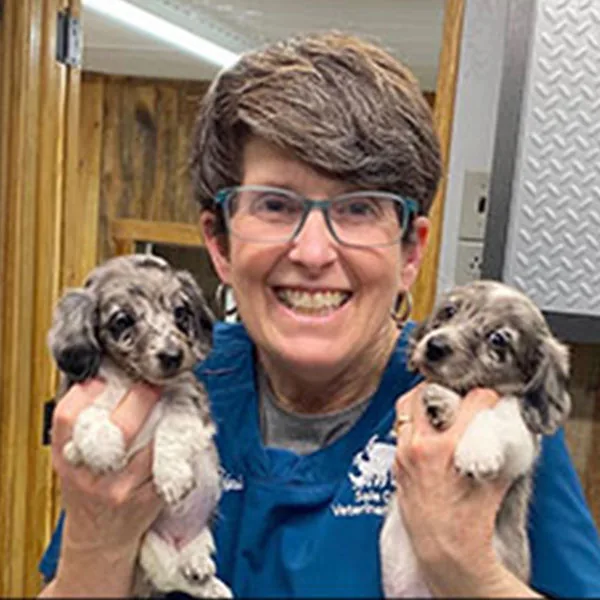 Dr. Katherine Thigpin, DVM, holding two small gray and white puppies